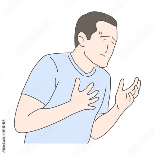 Illustration of a man experiencing discomfort or pain in his chest with a worried expression on his face