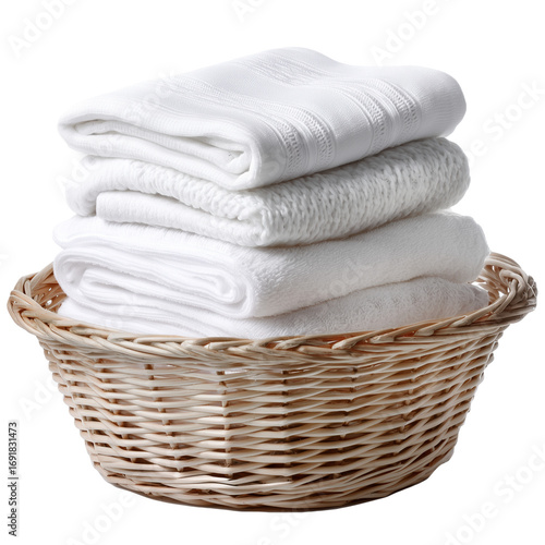Freshly laundered white towels and blankets neatly stacked in woven basket create clean and inviting atmosphere, perfect for any home