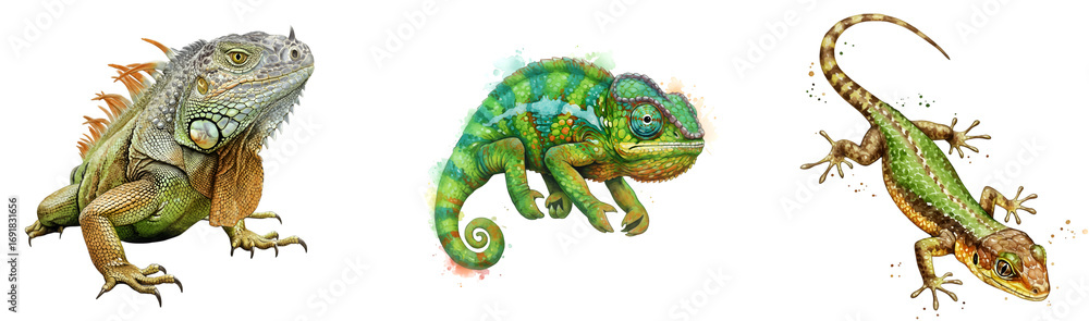 Fototapeta premium Exotic reptiles featuring a vibrant iguana, a colorful chameleon, and a patterned lizard with transparent background