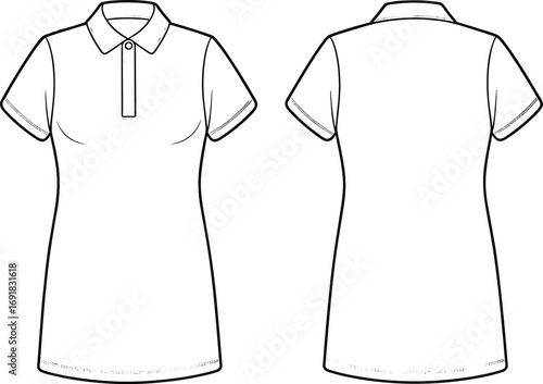 Women’s polo t-shirt fashion flat sketch, short sleeve shirt technical drawing, casual wear apparel CAD design, clothing vector illustration