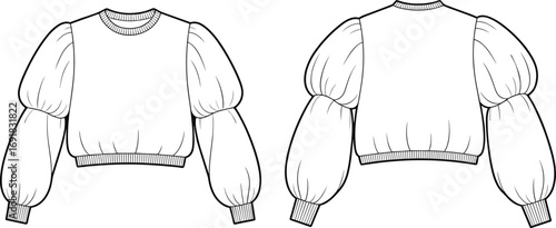 Vector illustration of cropped sweater with puffed long sleeves, ribbed cuffs and hem, front and back fashion design template
