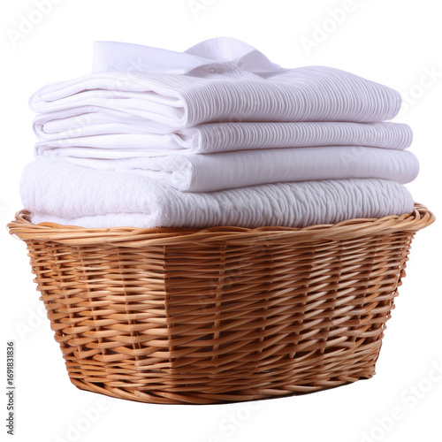 Basket filled with neatly folded white clothes, including shirts and towels, creates clean and organized appearance. soft textures and bright colors evoke sense of freshness and comfort