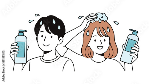 Young man and woman happily holding shampoo bottles and washing hair in a fun hand drawn illustration style