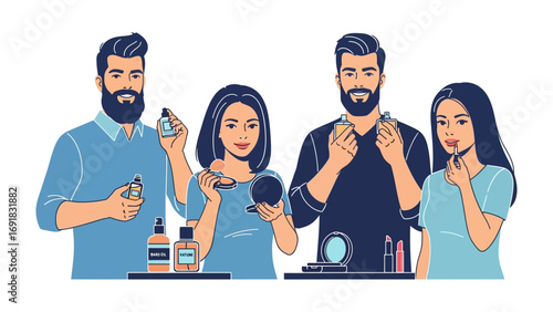 Diverse group of four people two men and two women applying and showcasing beauty products like perfume and makeup in a studio setting