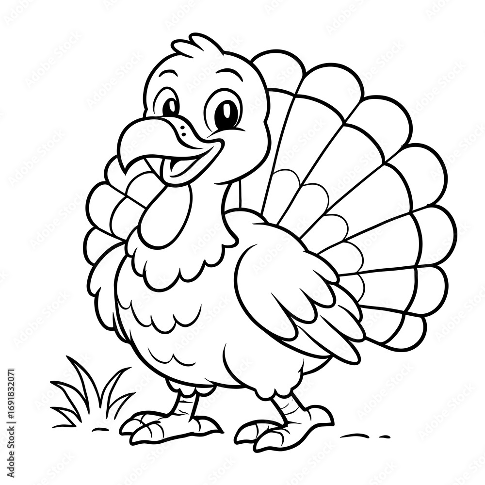 Fototapeta premium Happy turkey cartoon character smiling in a playful coloring page concept 