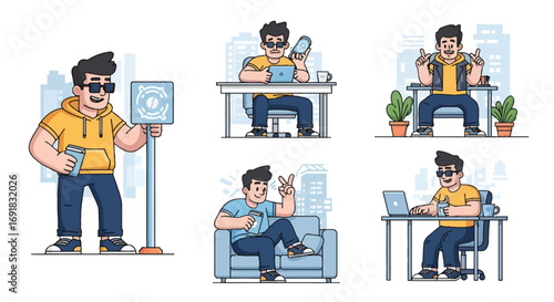 Urban life moments in high-res vector art coffee work, friendship, city walk, and light exercise. A modern cartoon character with a dynamic, lively feel.