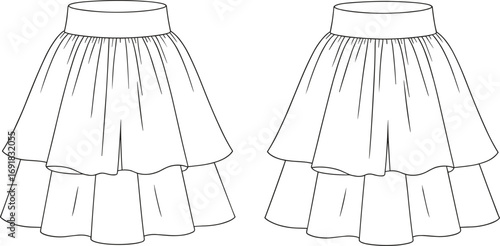 Fashion flat sketch of women’s layered ruffle skirt with elastic waistband, front and back views, stylish garment design template