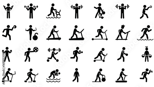 Fitness and Wellness Icon Set – Black Solid Silhouette Figures in Yoga, Swimming, Weightlifting, Treadmill, and Exercise Poses