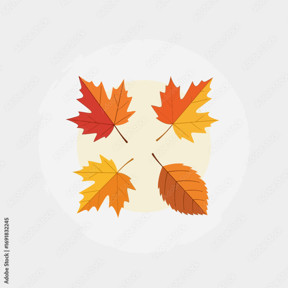 Fototapeta premium Four autumn leaves arranged symmetrically on a cream circle background.