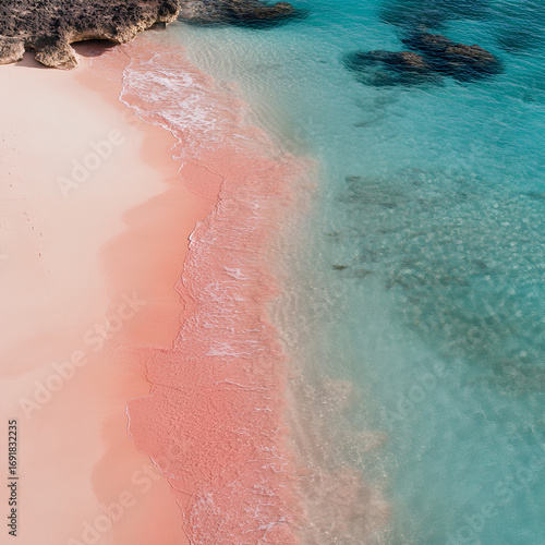 A rare pink sand beach (like in the Bahamas) with soft blush-colored sand meeting crystal-clear turquoise water. Coral reefs create mesmerizing patterns under the surface.