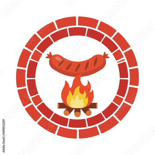 A cartoon sausage grilling over a bonfire with logs, enclosed within a circular red brick frame.