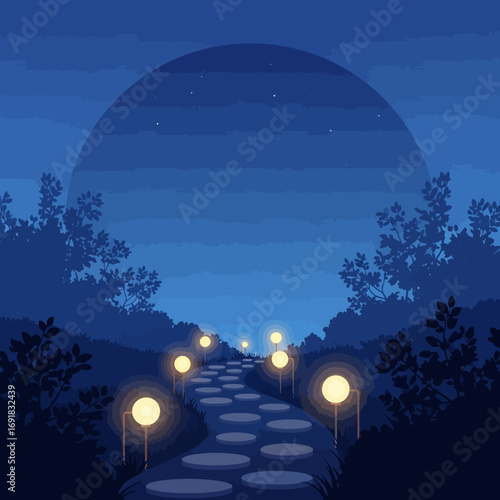 Serene night scene: moonlit path winding through a tranquil park, illuminated by soft lamplight.