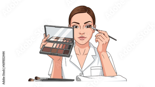 Young woman applying eyeshadow with a makeup brush from an open palette focused on her eye with brushes and a makeup bag nearby