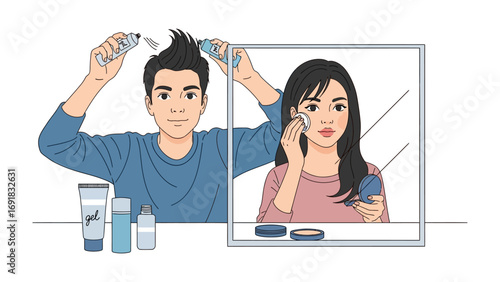 Young man applying hair dye at home while a young woman applies makeup in front of a mirror reflecting self care and beauty routines