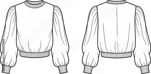 Trendy cropped sweatshirt flat sketch with puff sleeves and ribbed cuffs, front and back view, perfect for fashion design templates