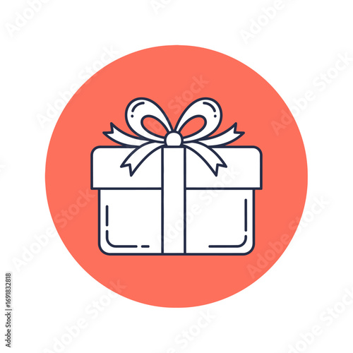 A line art icon of a white gift box with a ribbon bow, set against a solid orange-red circular background.