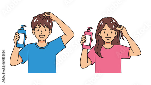 Happy young man and woman holding shampoo bottles and touching their healthy hair showcasing hair care and beauty products