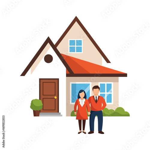 Happy couple standing proudly in front of their new home.