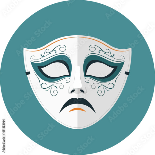 A white tragic theatrical mask with decorative teal and orange swirls, depicted in a flat design style on a teal circular background.