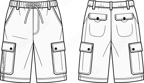 Men’s Cargo Shorts Flat Sketch with Drawstring Waistband, Multi-Pocket Utility Design, Fashion Technical Illustration for Casual Streetwear