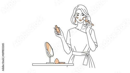 Elegant line art illustration of a woman in a bathrobe applying perfume or essential oil to her wrist after a shower with a towel on her head