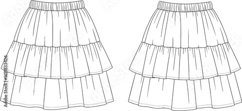 Fashion Flat Sketch of Tiered Ruffle Skirt for Women, Flowy Casual Mini Skirt Design, Stylish Apparel Template Illustration