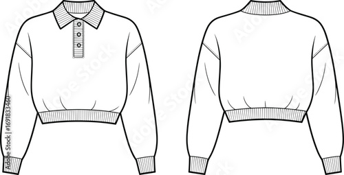 Trendy Women’s Cropped Polo Sweatshirt Flat Sketch, Long Sleeve Pullover Design, Stylish Casual Apparel Template, Fashion Illustration Drawing