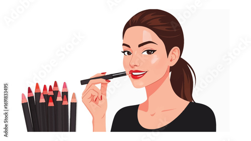 Young woman applying lipstick from a collection of colorful lip pencils showcasing beauty and makeup application