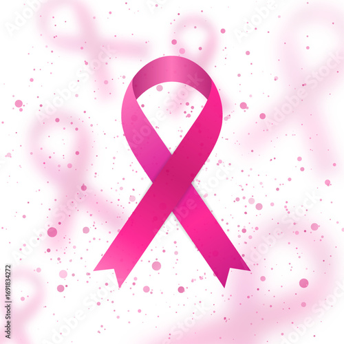 Breast cancer awareness month. Pink ribbon and shiny particles on light background. Women healthcare abstract vector design