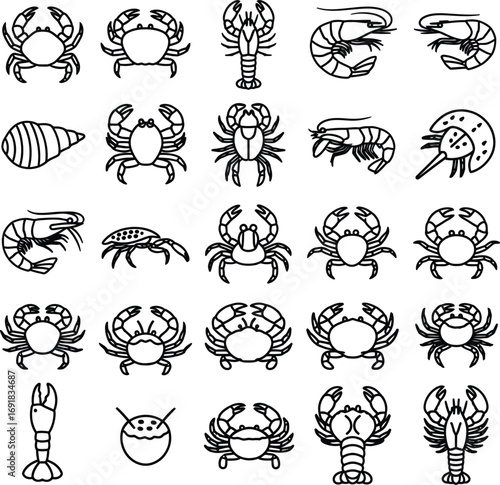 Detailed line art icons of various aquatic creatures, featuring crabs, lobsters, and shrimp. Ideal for seafood menus, marine branding, and ocean-themed graphic designs