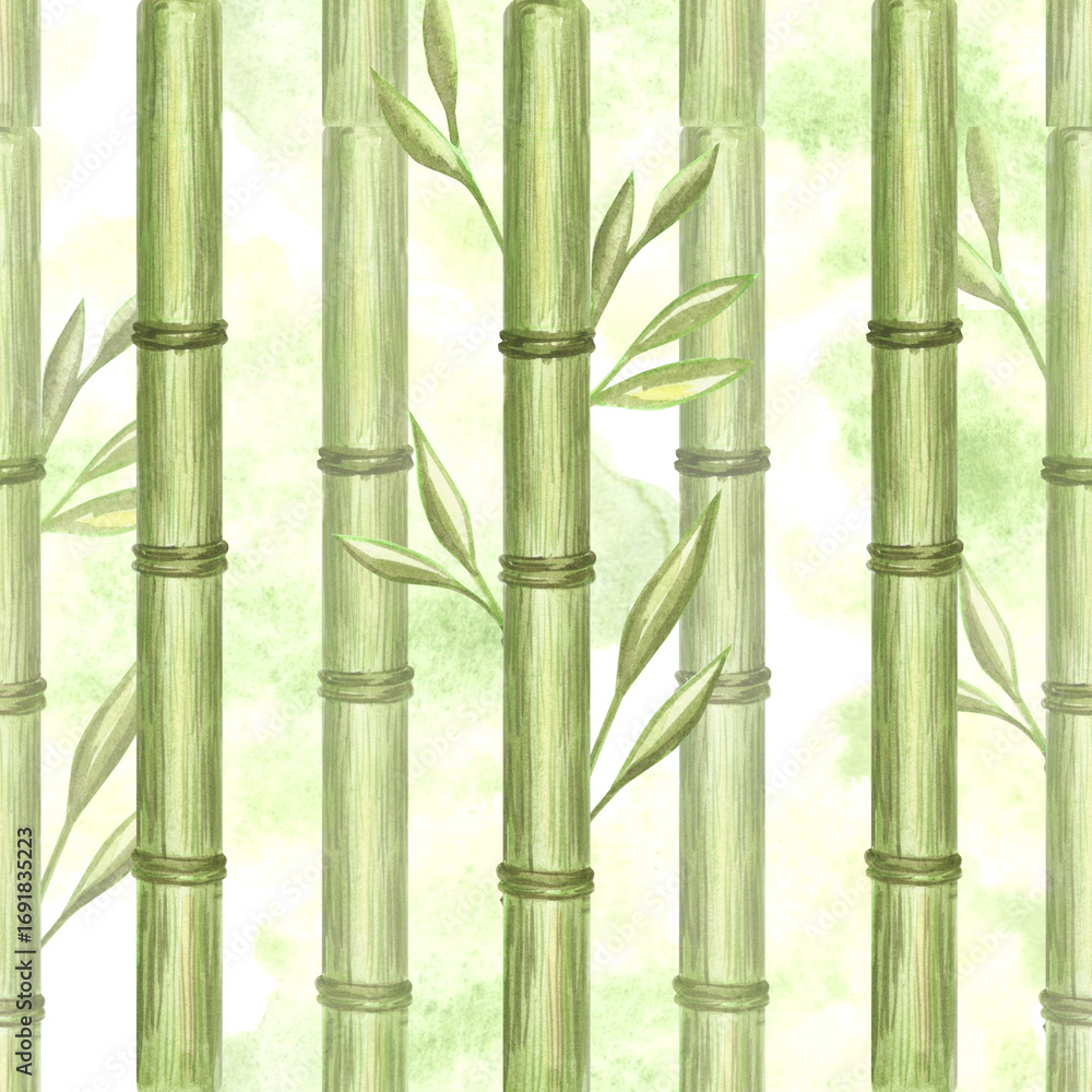 Fototapeta premium Green bamboo stems with leaves seamless pattern. Botanical greenery watercolor illustration. Hand drawn branch for eco-friendly design. Oriental rainforest plant for branding of zen wellness, relax.