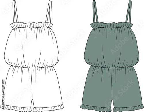 Girls sleeveless romper flat, ruffle hem playsuit fashion sketch, kids casual summer outfit, garment template front view vector