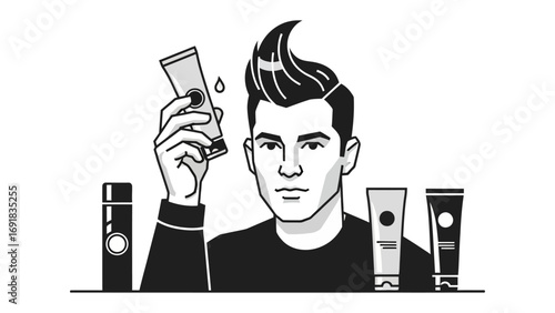Modern man with a distinctive styled hairstyle holding a tube of hair product surrounded by various grooming items illustrating personal care and styling choices