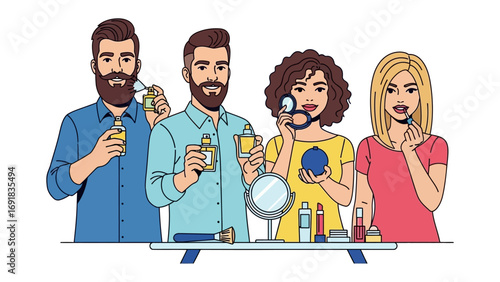 Diverse group of four people two men and two women applying makeup and skincare products with brushes and mirrors celebrating beauty and self care rituals