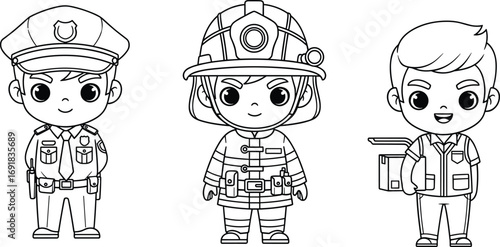 Cute community helper characters line art, police firefighter delivery man coloring page, occupation vector, kids learning professions, cartoon job icons