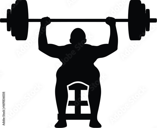 Silhouette of a weightlifter lifting weights while sitting a bench strong man doing exercise with barbell
