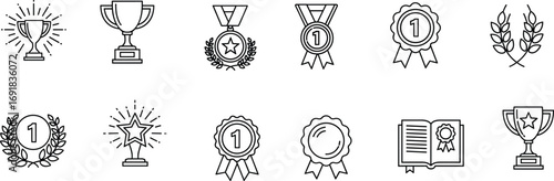 Award icons collection, trophy and medal vector set, achievement badges, first place winner, certificate, success recognition, honor symbols