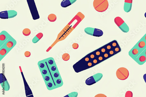 Pattern with scattered medical pills, capsules, tablets, blister packs, syringes, thermometers, on a white background, repeating medical design.
