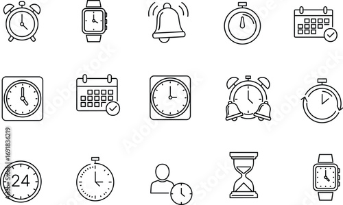 Time and clock icons, alarm clocks, wristwatch, calendar with check, stopwatch, timer, hourglass, schedule, time management symbols