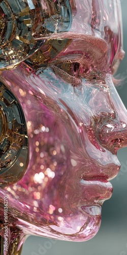A profile view of a stylized, metallic, and translucent humanoid head, with intricate, mechanical elements and a pinkish-rose hue