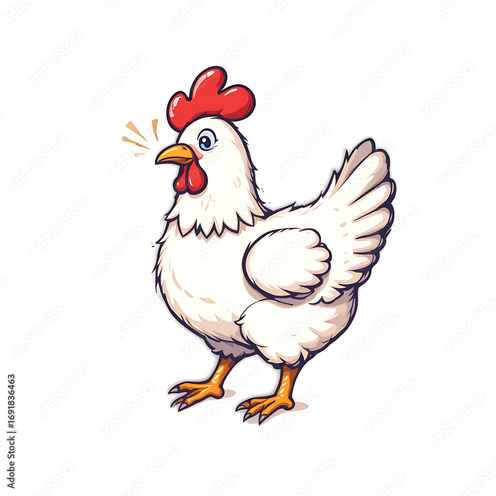 Fototapeta premium Delightful cartoon white chicken illustration, capturing a cheerful farm hen with a vibrant red comb and open beak, radiating rustic charm and simplicity