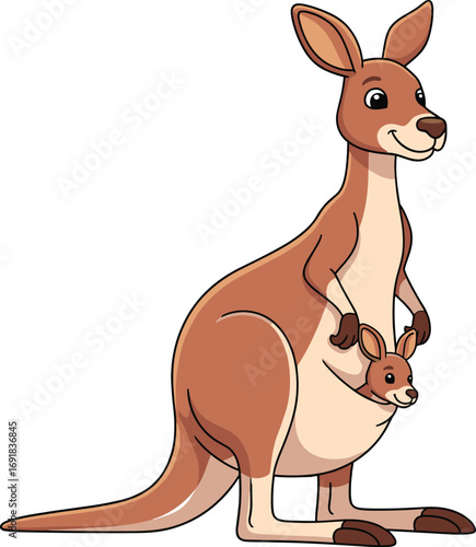 Cartoon kangaroo with baby joey in pouch, cute animal illustration, Australian wildlife, mother and baby kangaroo, marsupial drawing