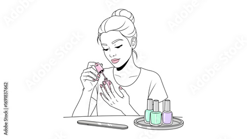 Elegant young woman with her hair in a bun applying bright pink nail polish to her fingernails with a delicate touch