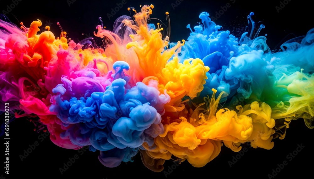 Obraz premium Colorful abstract ink clouds in motion against a dark background with vibrant hues