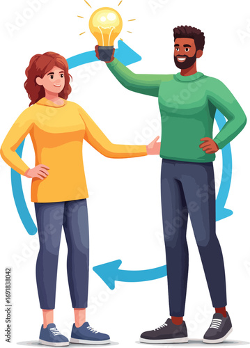 Teamwork Inspires Creativity Two Colleagues Share a Bright Idea with Arrow Symbol