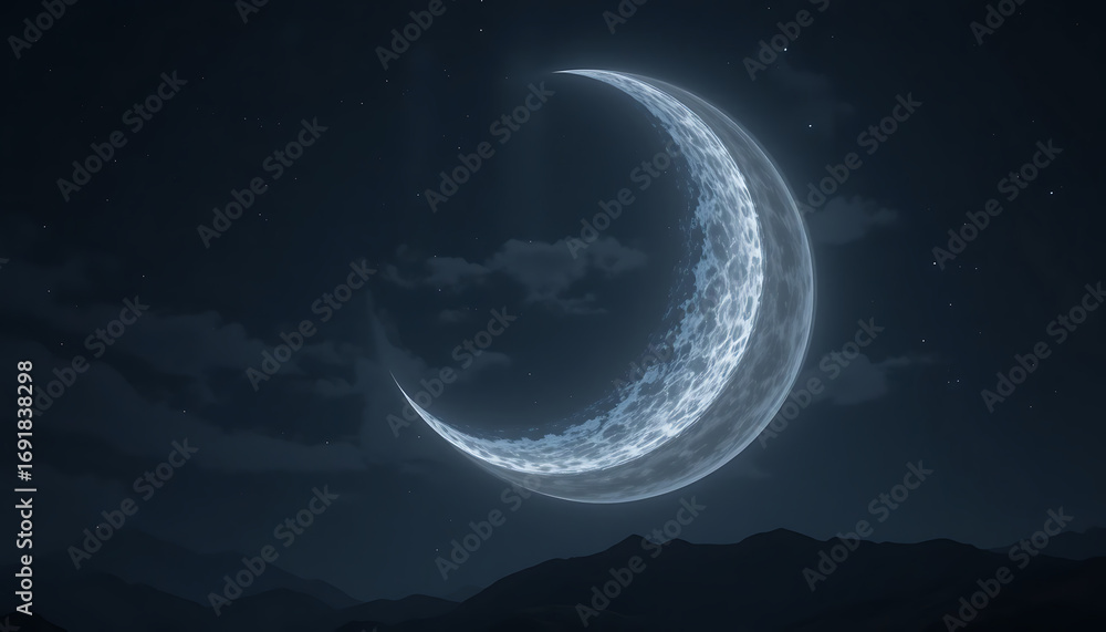 Fototapeta premium A luminous crescent moon shines brightly in the night sky, casting an ethereal glow over silhouetted mountains below