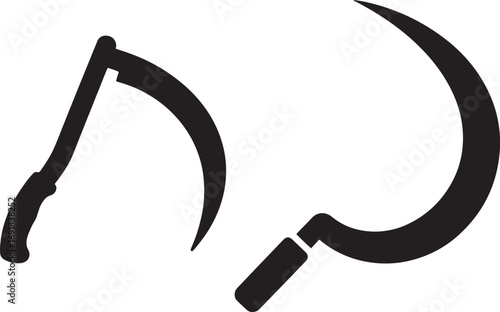 Sickle and scythe farming tools icons set silhouette vector