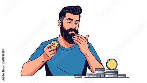 A stylishly groomed bearded man with a modern haircut applying balm to his beard while holding a small container and sitting at a table with grooming products