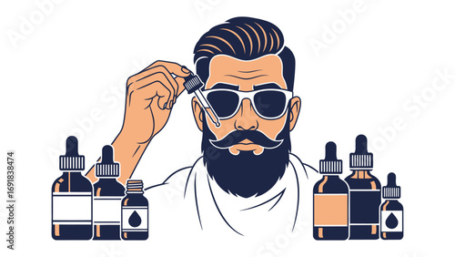 Stylish bearded man with sunglasses holding a dropper bottle surrounded by e liquid or essential oil bottles