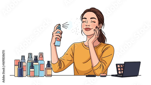 Young woman applying facial mist spray for skincare routine with makeup products and laptop in the background beauty concept illustration